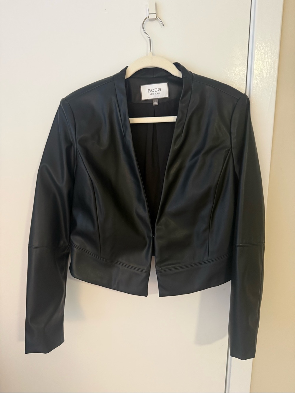 BCBG Black Faux Leather Open-Front Cropped Jacket